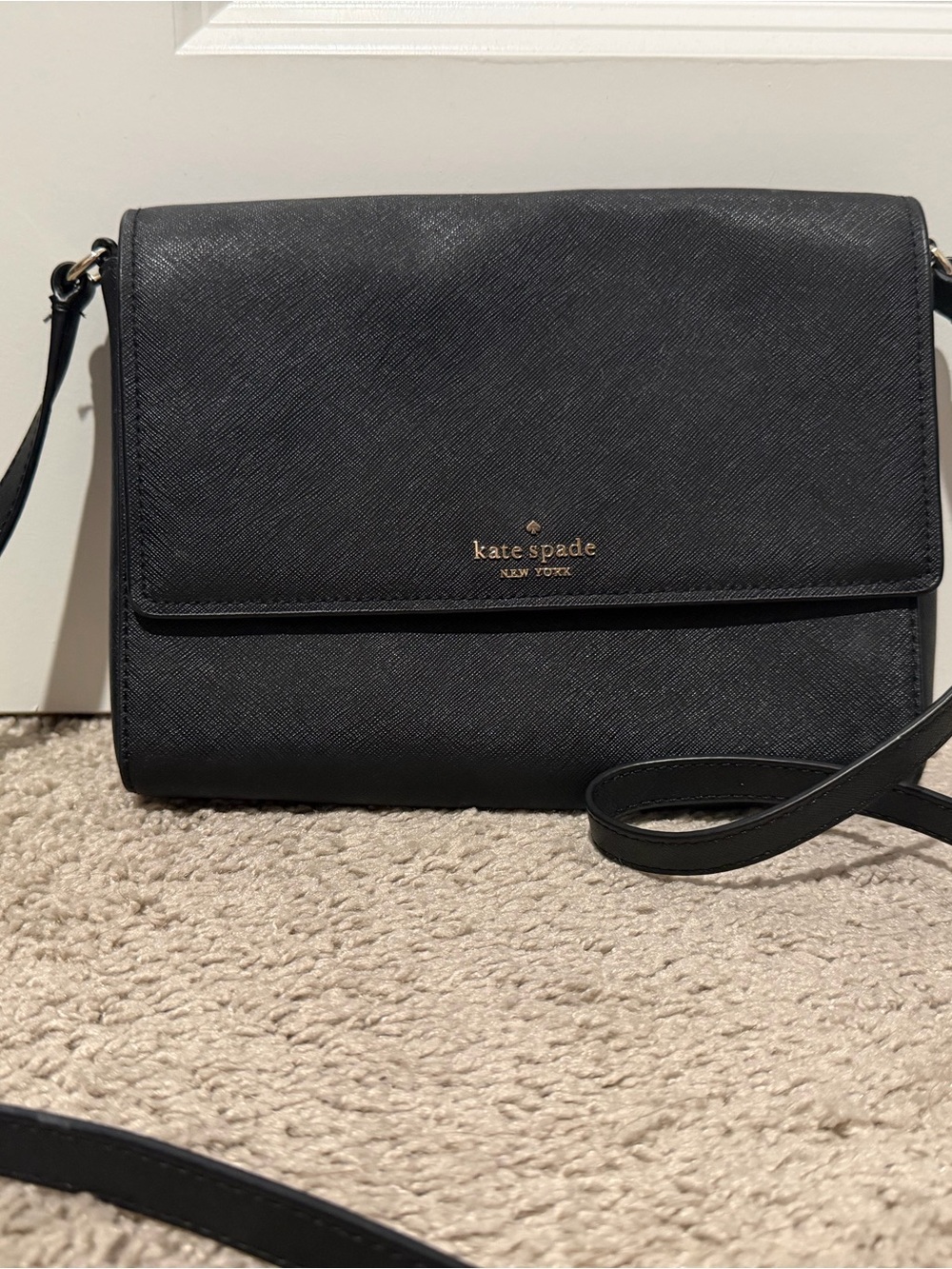 kate spade Black Leather Crossbody with Gold Logo